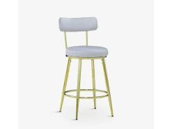 Taburete de bar y cocina de terciopelo con respaldo y patas doradas Kraven - Gris