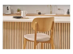 Taburete de cocina de roble macizo y tela beige 65 cm LUCIA