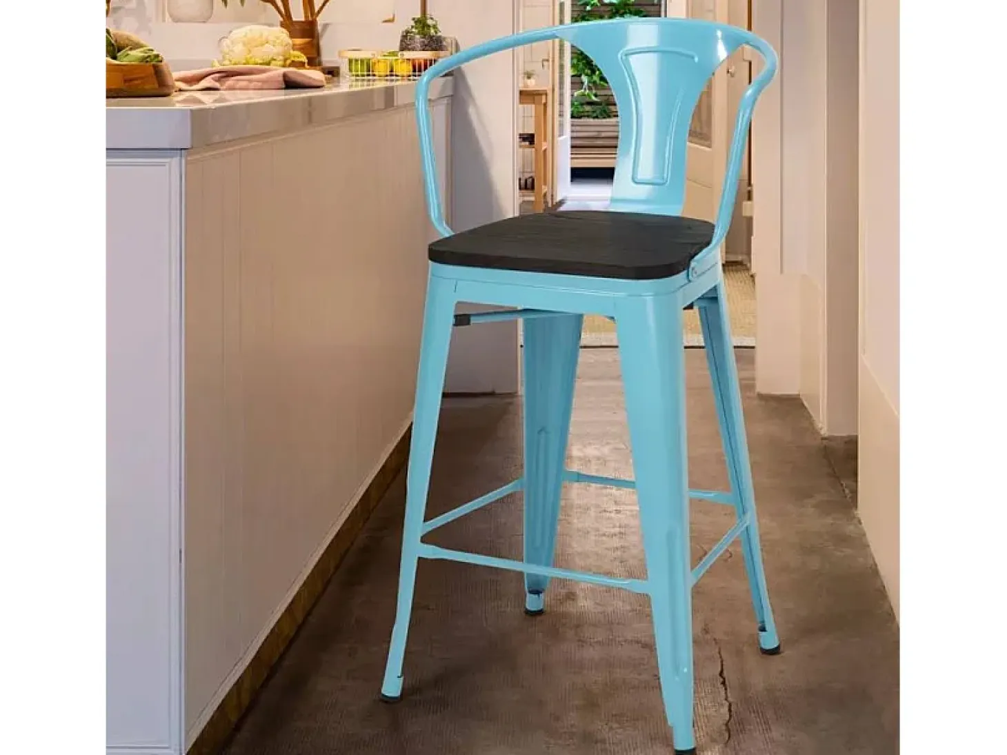 taburete de metal y madera con respaldo de diseño industrial estilo steel wood back - Azul