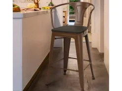 taburete de metal y madera con respaldo de diseño industrial estilo steel wood back - Marrón