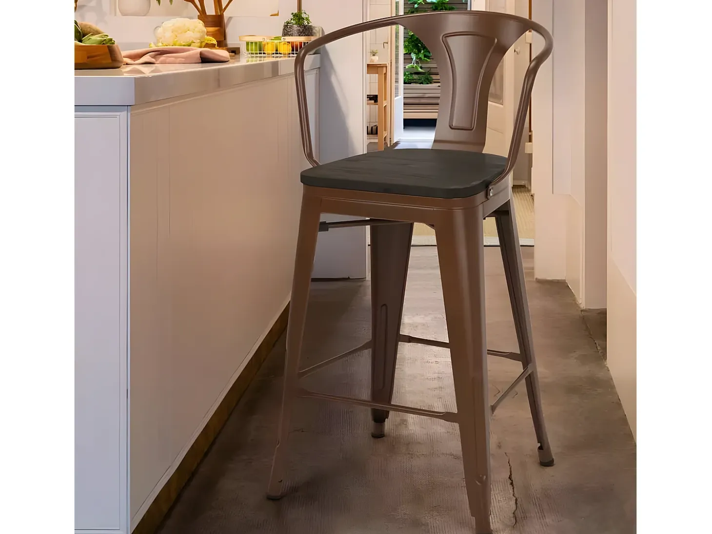 taburete de metal y madera con respaldo de diseño industrial estilo steel wood back - Marrón