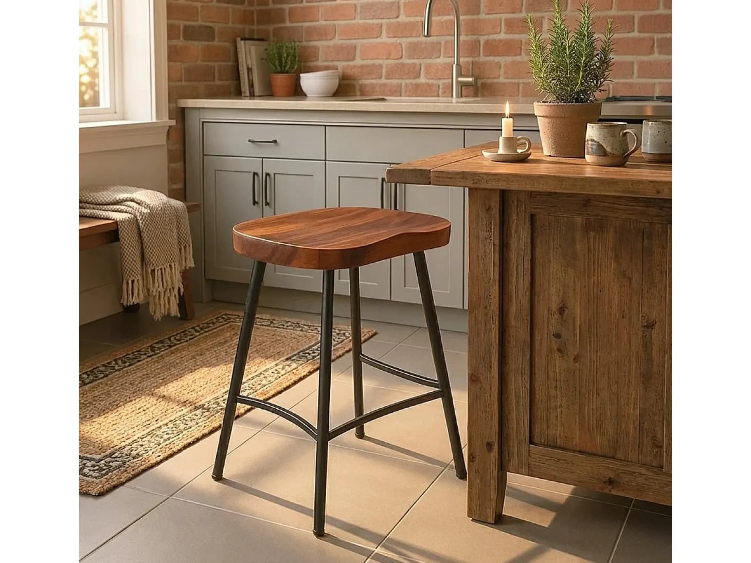 Taburete industrial de madera y metal vintage para isla de cocina Lumax