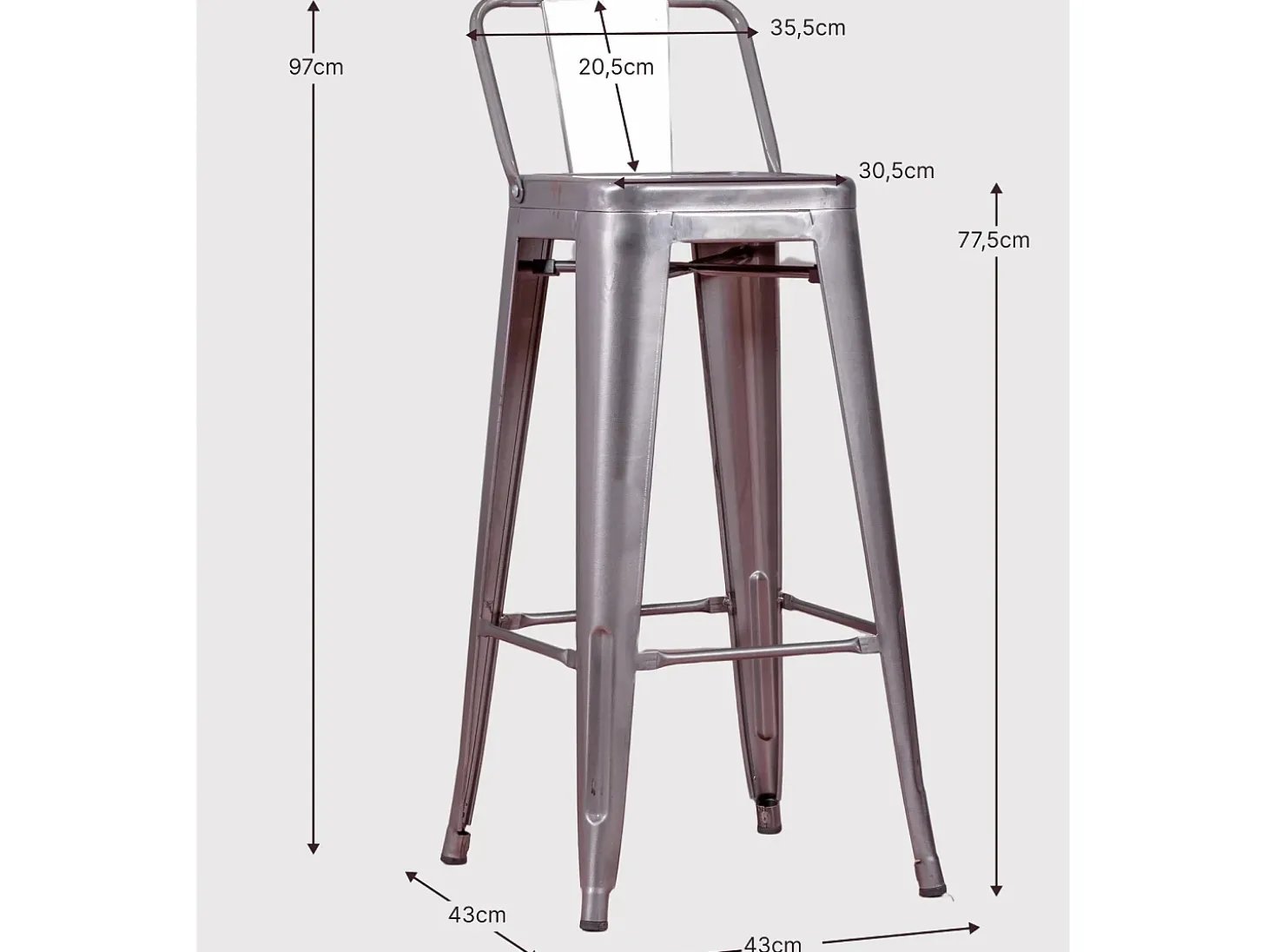 Taburete industrial en acero metalizado con respaldo bajo (76cm) - Bistro - Metálico