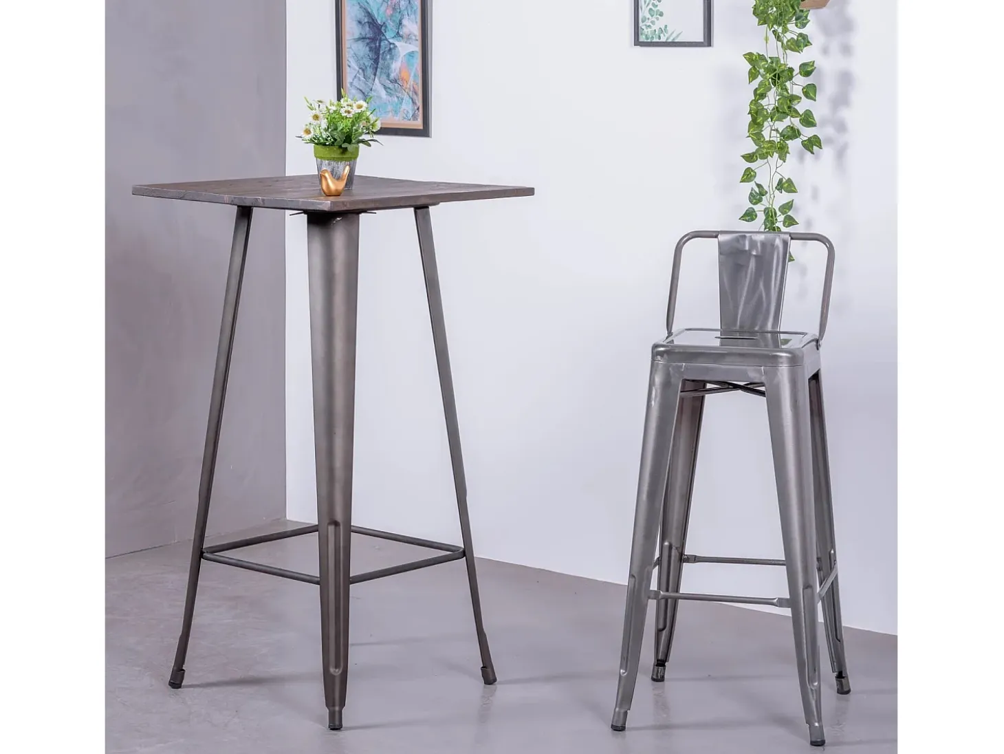 Taburete industrial en acero metalizado con respaldo bajo (76cm) - Bistro - Metálico