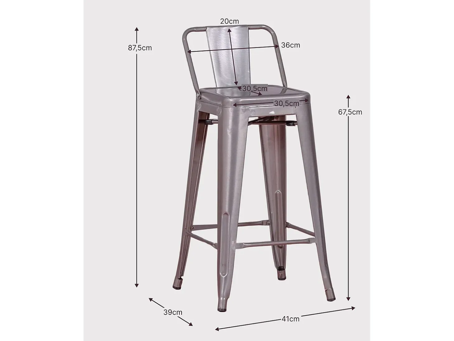 Taburete industrial metálico con respaldo bajo (66cm) - Bistro - Metálico