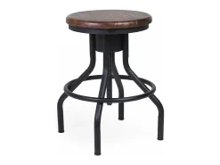 Taburete industrial redondo regulable en altura hierro negro y madera de mango marrón Kouba