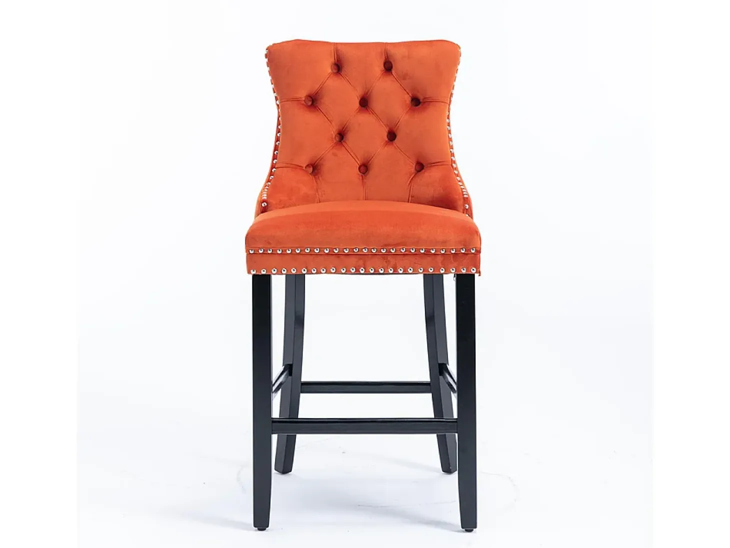 Taburetes de bar acolchados, juego de 2 Con remaches decorativos y patas de madera Adornos cromados con remaches Tapizado de terciopelo, naranja