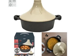 Tajine de inducción 28 cm Negro y Beige Fundición de Aluminio Cerámica Antiadherente Todos los fuegos