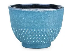 Taza de hierro fundido azul y plata