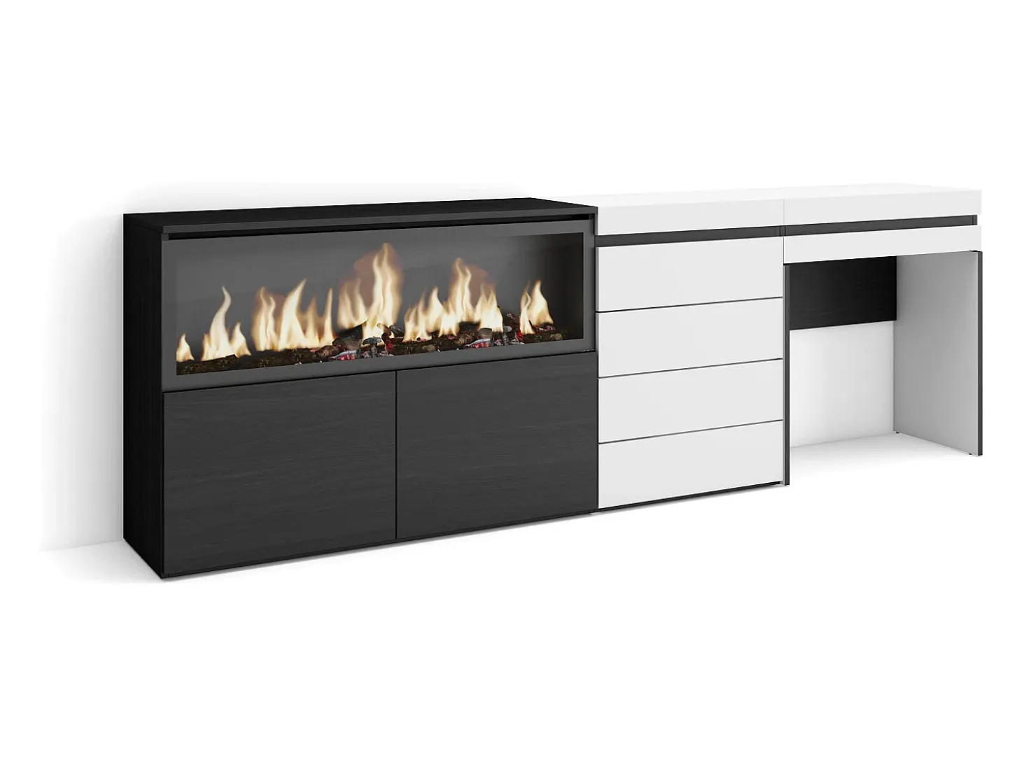 Tocador, 234x35x75cm, Con cajón, Chimenea eléctrica XXL, Cómoda, Cajonera, Blanco