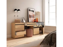 Tocador, 234x35x145cm, Con cajón, Chimenea eléctrica XXL, Cómoda, Cajonera, Listones Decorativos, Roble