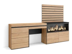 Tocador, 234x35x145cm, Con cajón, Chimenea eléctrica XXL, Cómoda, Cajonera, Listones Decorativos, Roble
