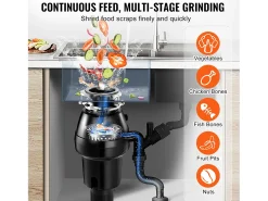 Triturador de Residuos SucceBuy para Fregadero de Cocina, 1/2 CV, Sistema de Trituración de Residuos de Alimentos, 3820 rpm, con Cable de Alimentación