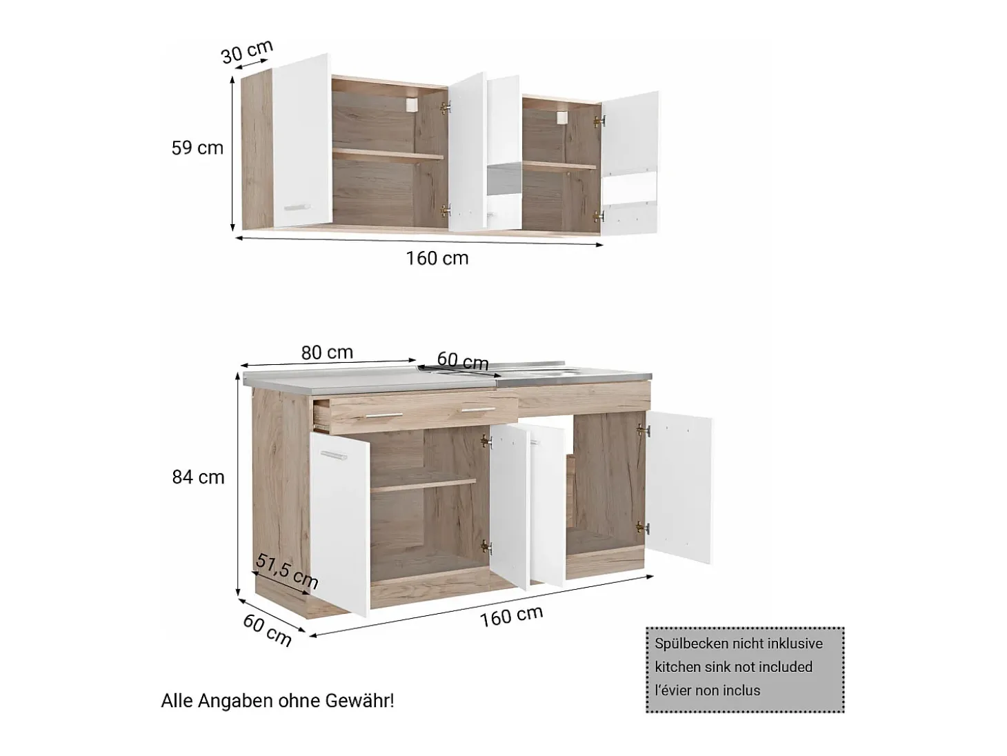 Unidad de cocina 160x84x60 cm aspecto madera roble blanco y gris