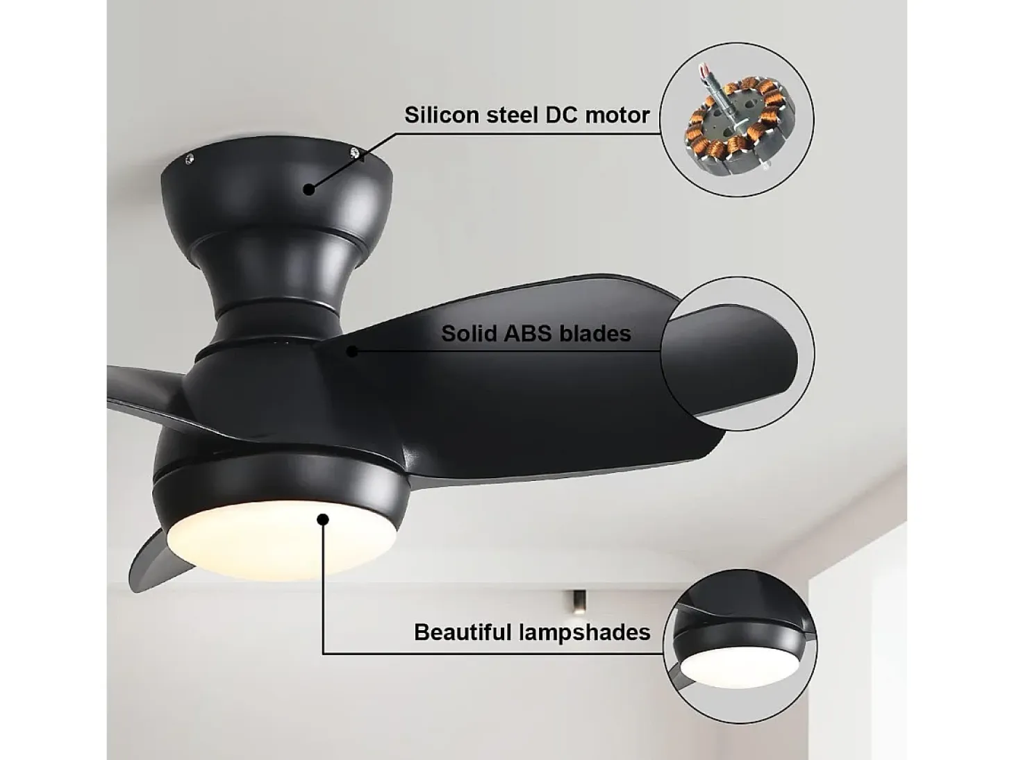Ventilador de techo 23" para dormitorio, 3 aspas ABS regulables, control remoto, motor CC reversible, LED 18W, negro (58,4x58,4x27,1cm)