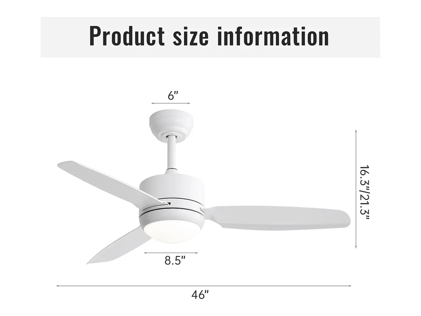 Ventilador de techo blanco - Ventilador de techo con luz LED y 3 aspas de ABS - 6 tipos de ventiladores con control remoto - para sala de estar