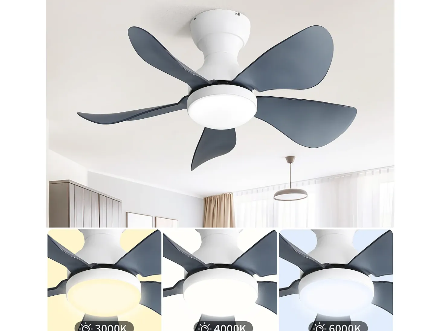 Ventilador de techo blanco con iluminación LED integrada, 5 palas de ABS transparente, motor DC, montaje empotrado (73,66x73,66x29,97cm)