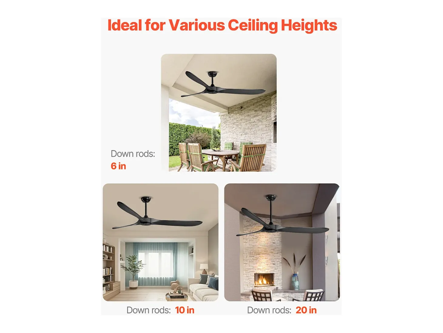 Ventilador de Techo con Aspas de Madera SucceBuy 183cm sin Luz con Mando a Distancia y Motor Reversible Negro