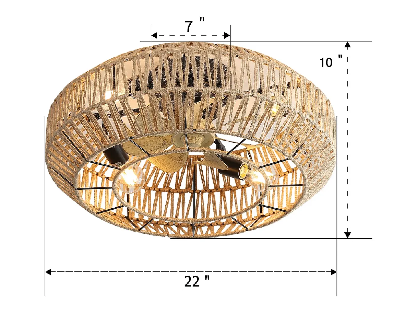 Ventilador de techo con pantalla de cuerda de yute de 56 cm, 7 aspas con luz, 6 velocidades, motor CC reversible, luz natural