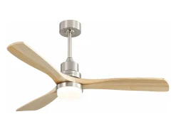 Ventilador de techo de 132 cm, 3 aspas de madera con LED, 6 velocidades y temporizador, motor CC reversible, color plateado