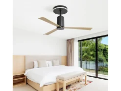 Ventilador de techo de 132 cm, 3 aspas en chapa de madera natural con LED, 6 velocidades y temporizador, motor CC reversible, color negro