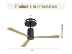 Ventilador de techo de 132 cm, 3 aspas en chapa de madera natural con LED, 6 velocidades y temporizador, motor CC reversible, color negro