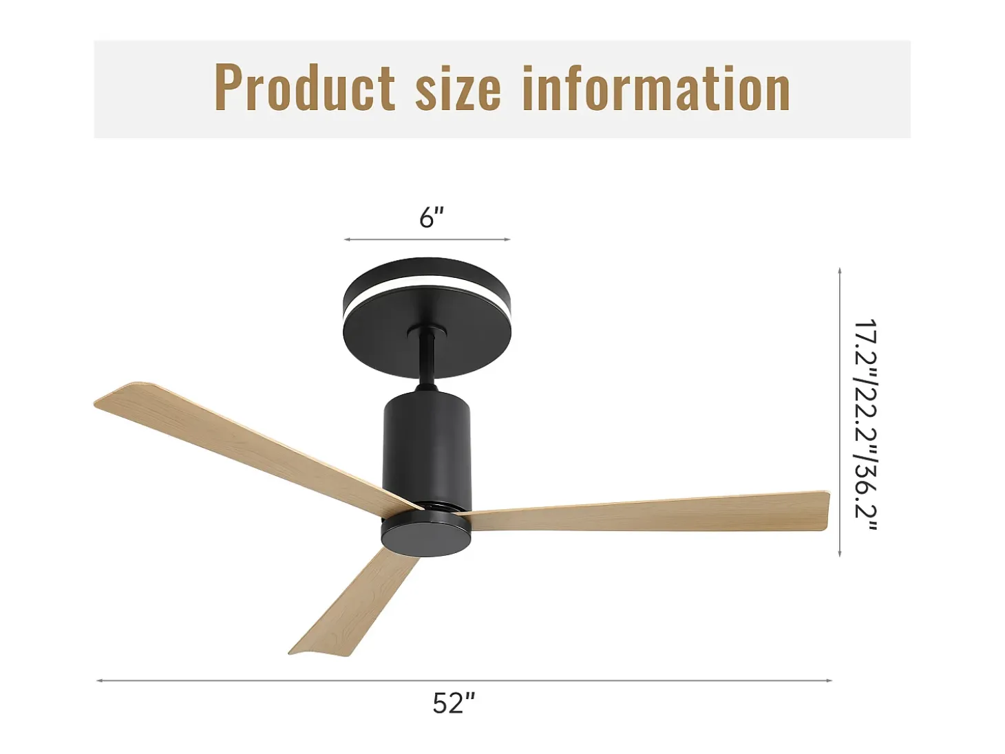 Ventilador de techo de 132 cm, 3 aspas en chapa de madera natural con LED, 6 velocidades y temporizador, motor CC reversible, color negro