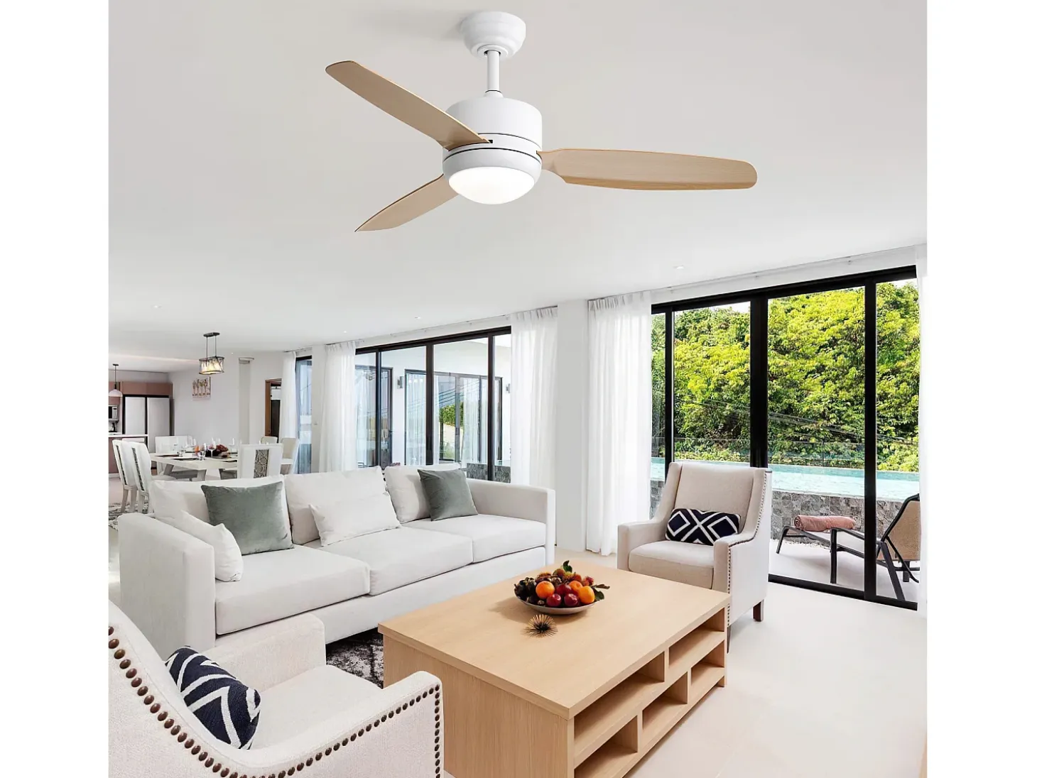 Ventilador de techo de 116,8 cm con 3 aspas de ABS y LED, 6 velocidades, motor CC reversible, luz natural