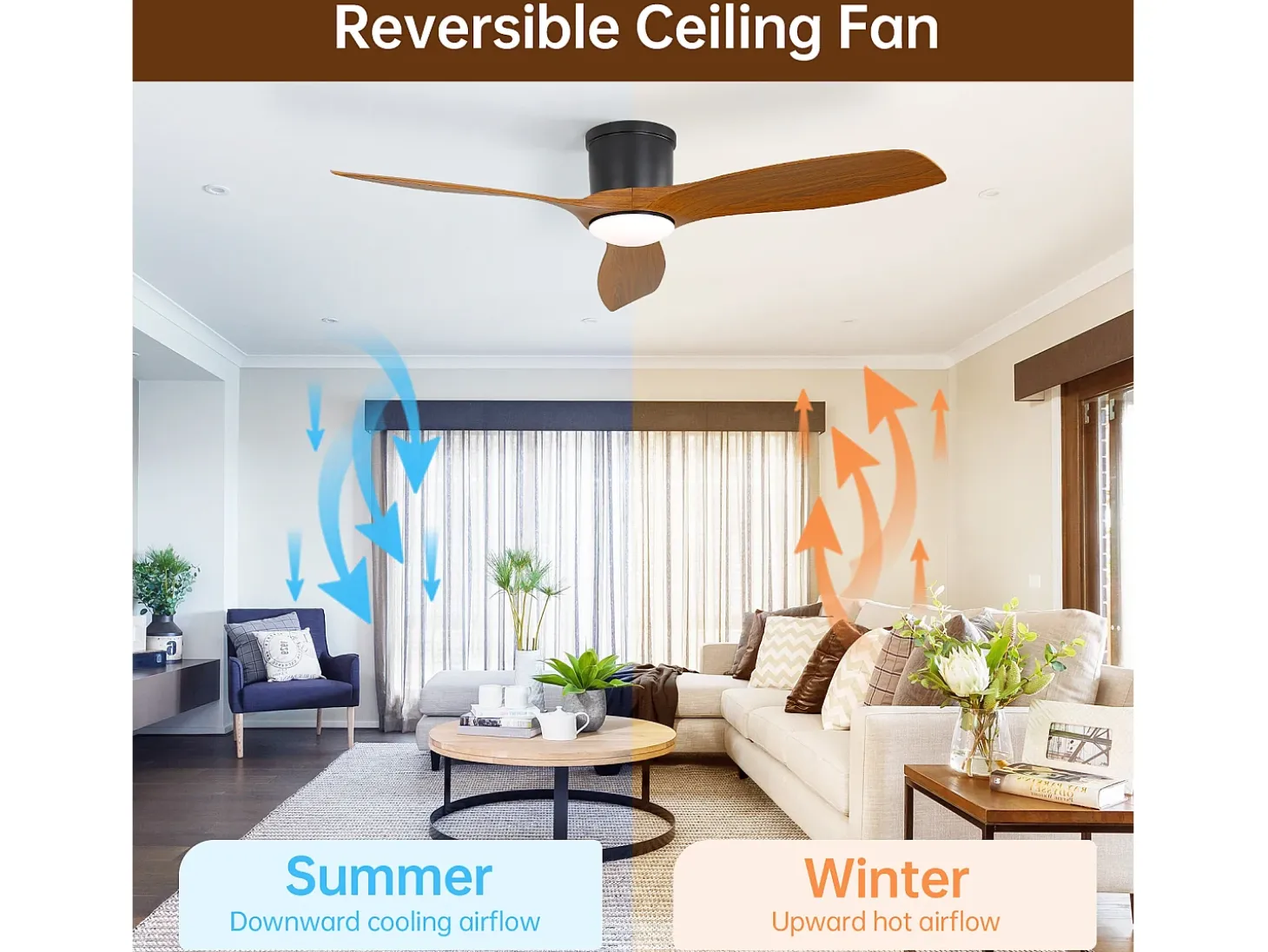 Ventilador de techo de 52 pulgadas con mando a distancia, 3 aspas ABS, LED regulable de 18 W, 3 colores, función reversible, negro (132 x 132 x 22,86 cm)