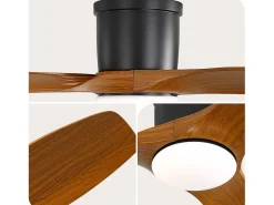 Ventilador de techo de 52 pulgadas con mando a distancia, 3 aspas ABS, LED regulable de 18 W, 3 colores, función reversible, negro (132 x 132 x 22,86 cm)
