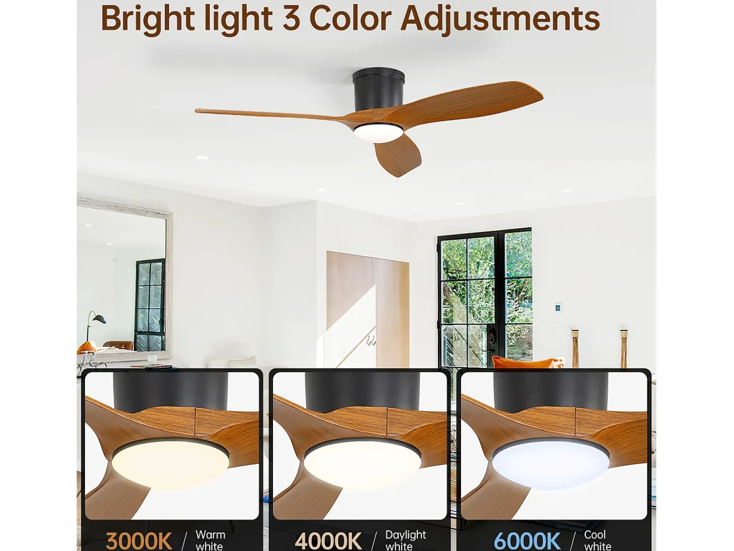 Ventilador de techo de 52 pulgadas con mando a distancia, 3 aspas ABS, LED regulable de 18 W, 3 colores, función reversible, negro (132 x 132 x 22,86 cm)
