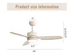 Ventilador de techo de 46 pulgadas con luces, 3 aspas de ABS, motor de CC de 6 velocidades, control remoto, blanco roto (116,8 x 116,8 x 54 cm)