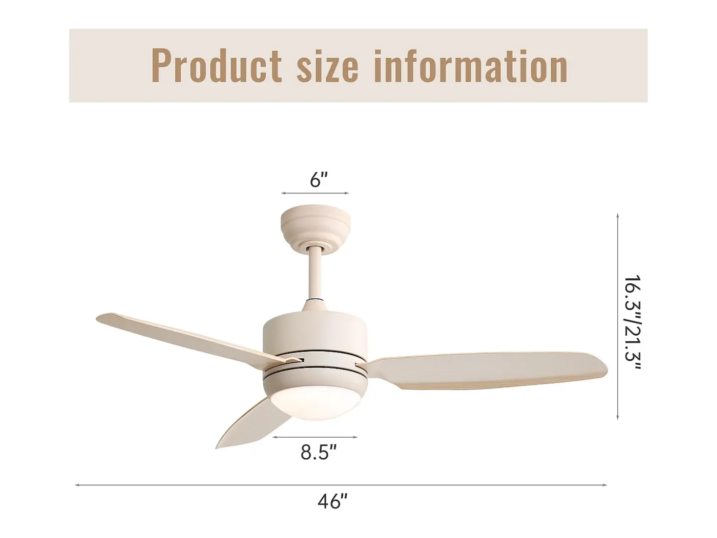Ventilador de techo de 46 pulgadas con luces, 3 aspas de ABS, motor de CC de 6 velocidades, control remoto, blanco roto (116,8 x 116,8 x 54 cm)