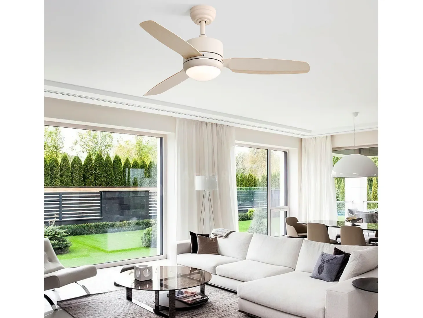 Ventilador de techo de 46 pulgadas con luces, 3 aspas de ABS, motor de CC de 6 velocidades, control remoto, blanco roto (116,8 x 116,8 x 54 cm)