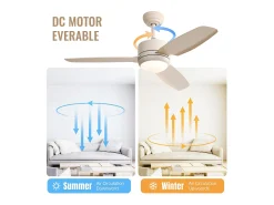 Ventilador de techo de 46 pulgadas con luces, 3 aspas de ABS, motor de CC de 6 velocidades, control remoto, blanco roto (116,8 x 116,8 x 54 cm)