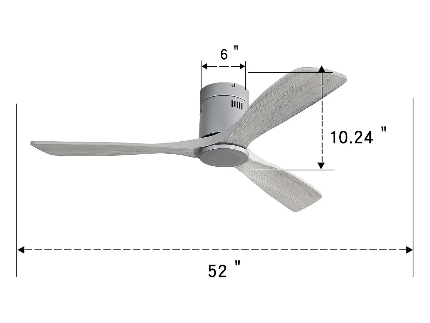Ventilador de techo empotrado de 52 pulgadas, 3 aspas de madera tallada, motor reversible silencioso, control remoto sin luz (132 x 132 x 24,5 cm)