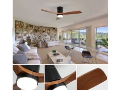 Ventilador de techo interior con luz, 3 palas de madera maciza, motor silencioso y reversible, mando a distancia, negro (132x132x30 cm)