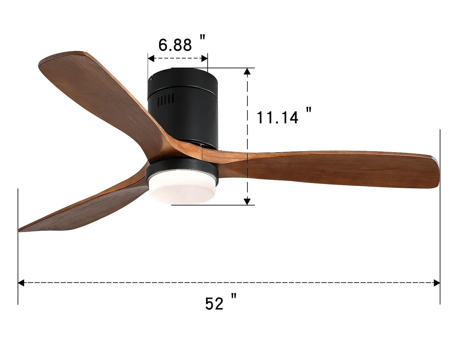 Ventilador de techo interior con luz, 3 palas de madera maciza, motor silencioso y reversible, mando a distancia, negro (132x132x30 cm)