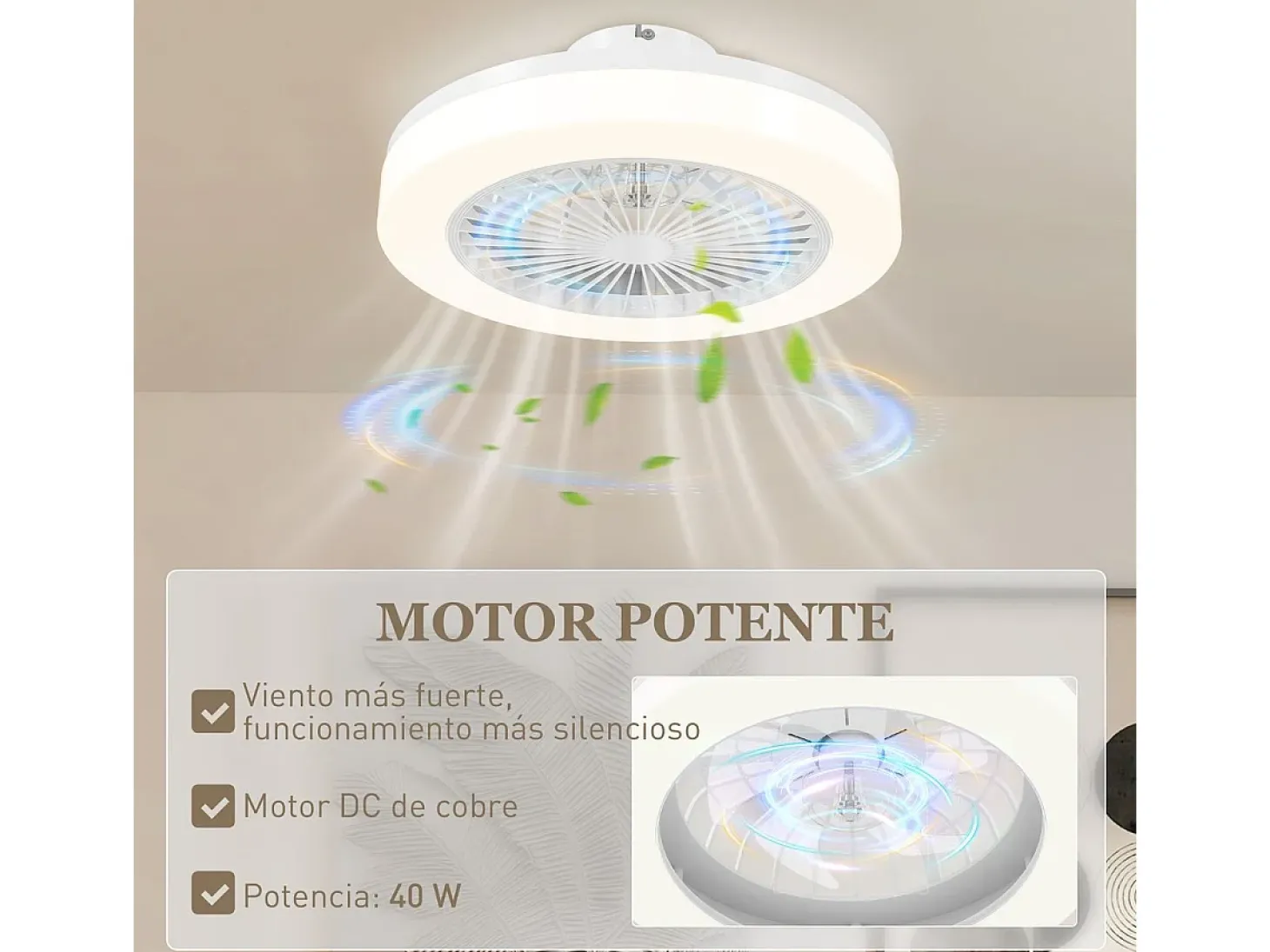 Ventilador de techo Manhattan Homcom luz LED + 6 velocidades blanco Ø46 cm
