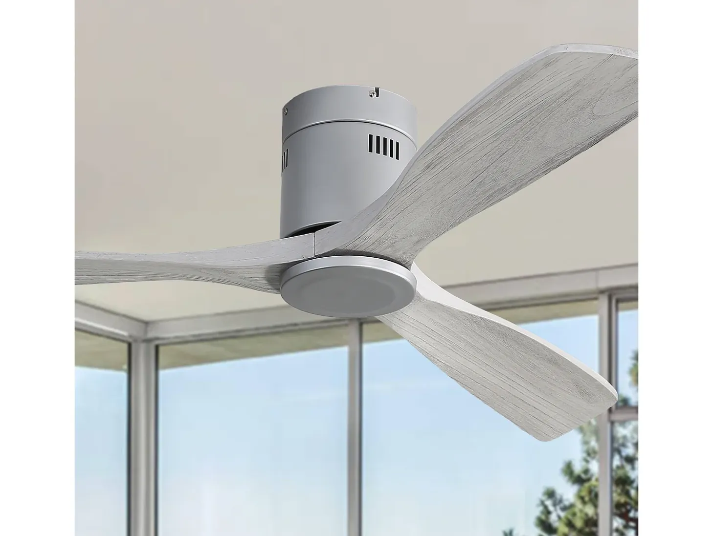 Ventilador de techo moderno plateado - Ventilador de techo de 52" con 3 aspas - Motor de CC reversible y silencioso - Para sala de estar