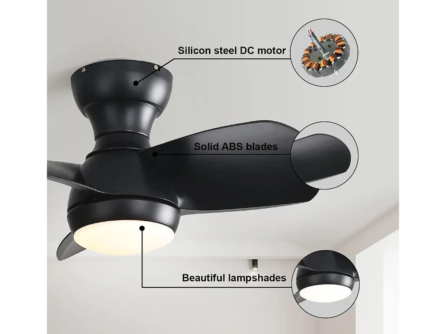 Ventilador de techo negro de 23 pulgadas ---- Ventilador de techo con luz LED y 3 aspas de ABS --- para dormitorio