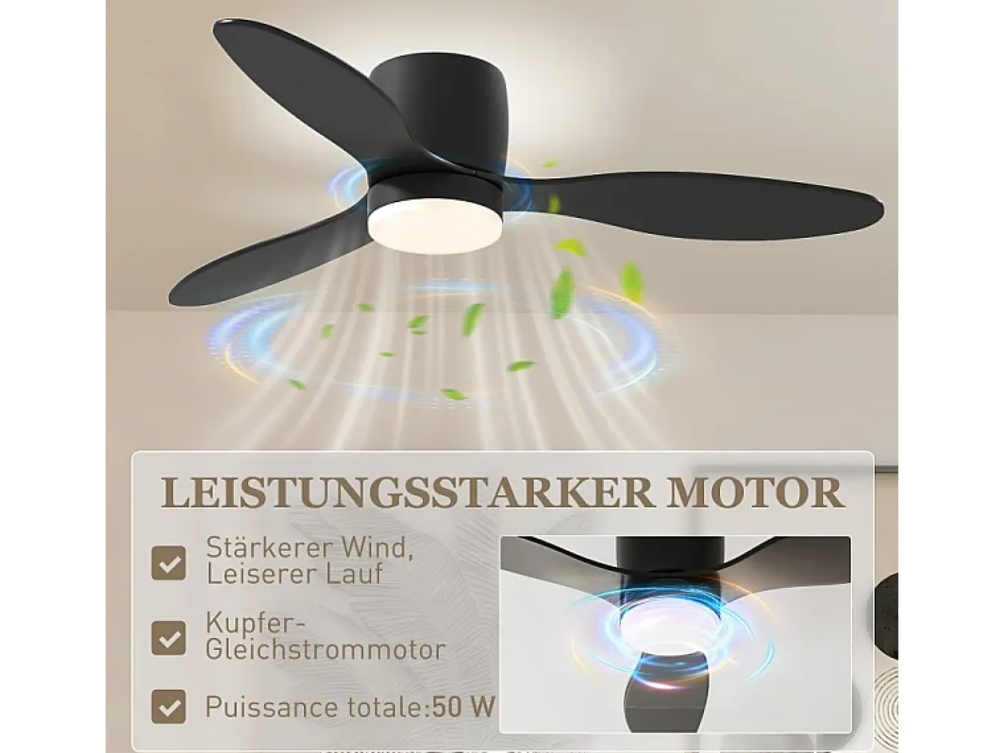 Ventilador de techo negro - Ventilador de techo con luz LED y 3 aspas - 6 velocidades - para dormitorios