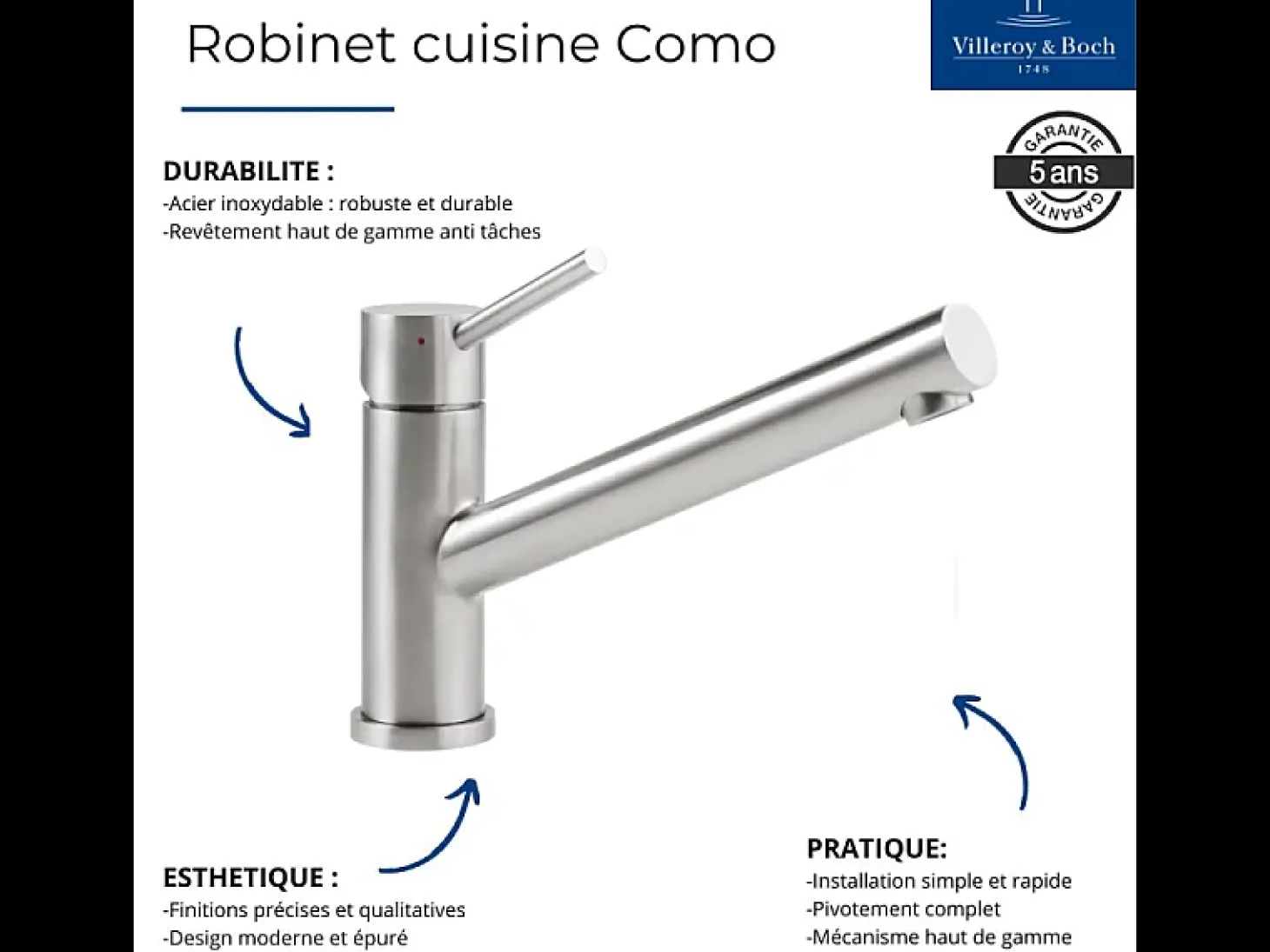 VILLEROY ET BOCH Grifo de cocina Como Acero macizo