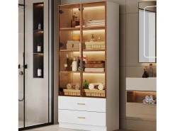 Vitrina, aparador alto con 2 cajones y 2 puertas de cristal - 75 X 34,5 X 170 cm - Madera MDF - Marrón