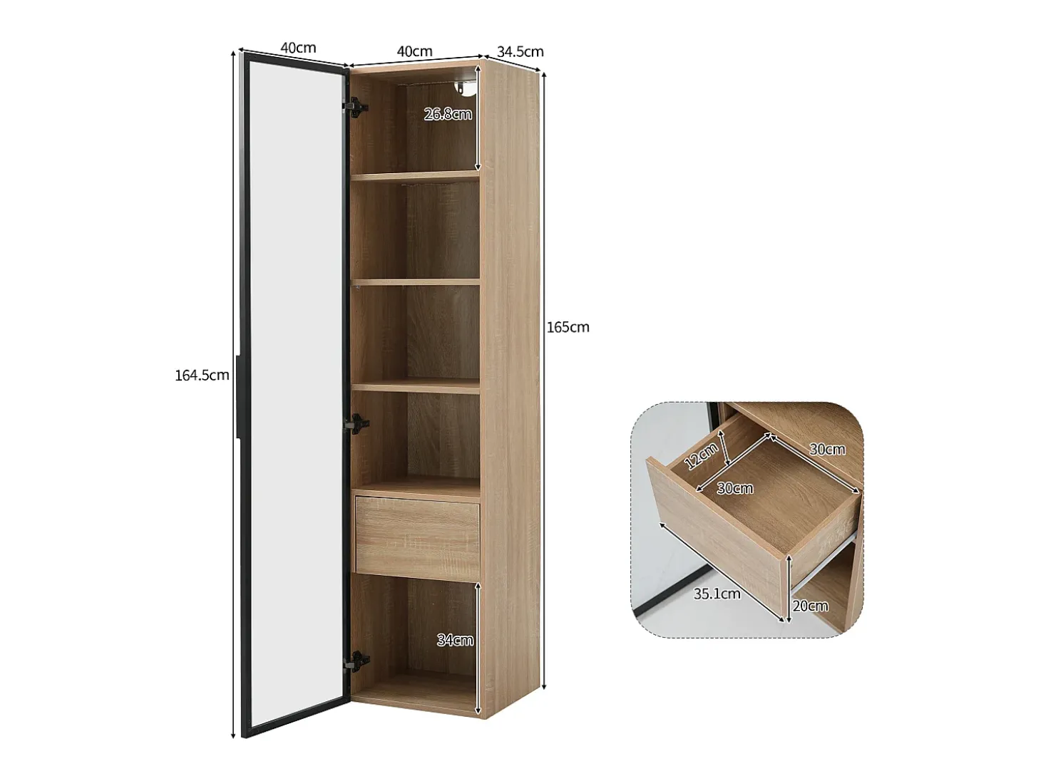 Vitrina, aparador alto con 1 puerta de cristal y 1 cajón interior - 40 X 34,5 X 165 cm - Madera MDF - Natural