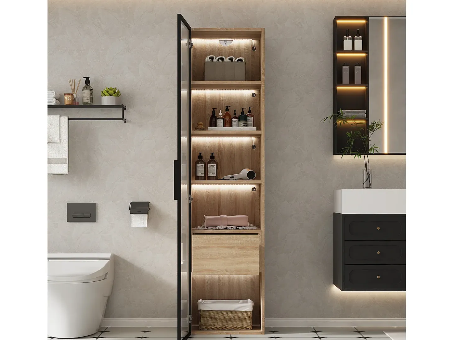 Vitrina, aparador alto con 1 puerta de cristal y 1 cajón interior - 40 X 34,5 X 165 cm - Madera MDF - Natural