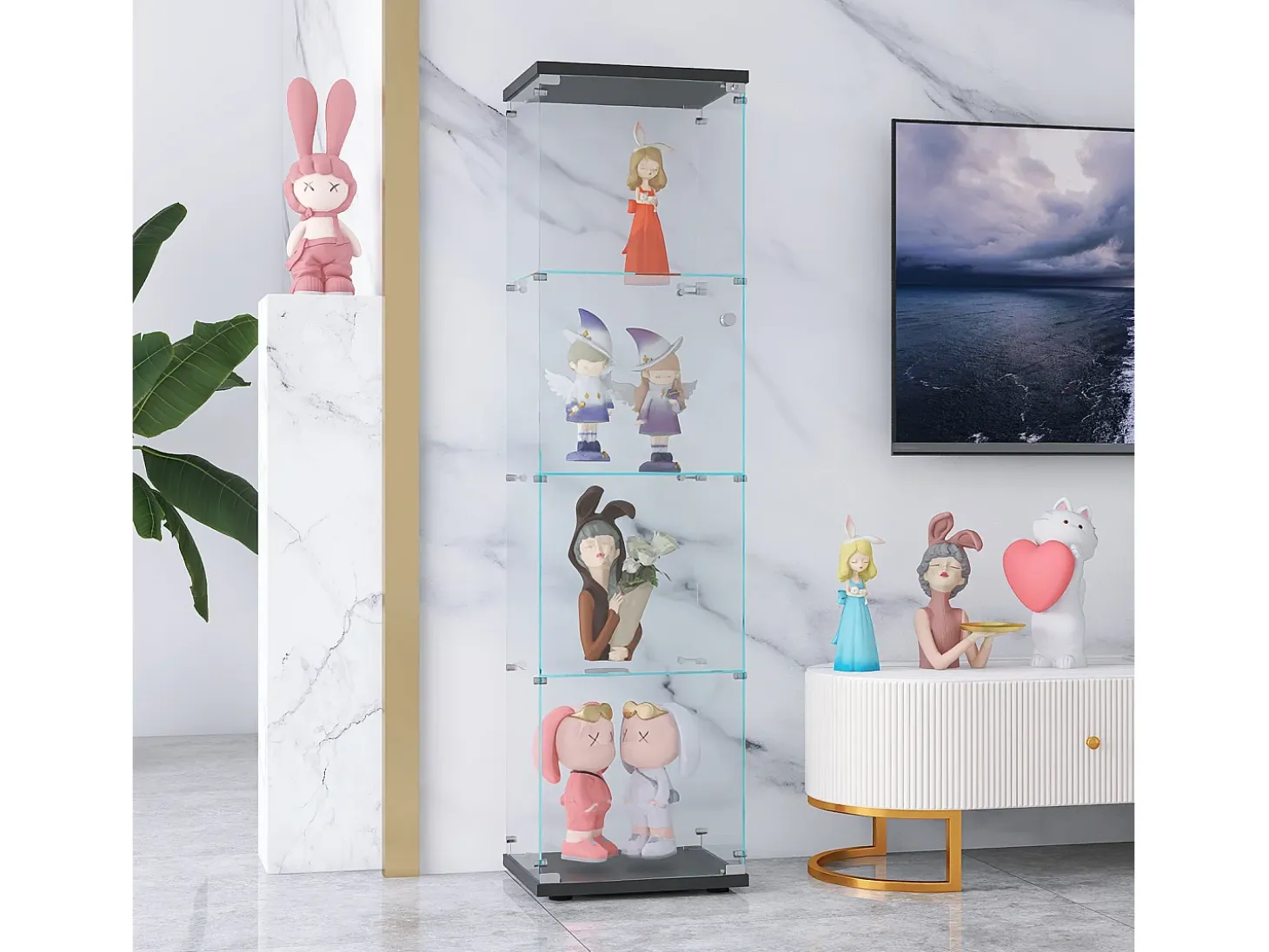 Vitrina de 4 niveles, vitrina transparente para figuras, vitrina de vidrio templado con puerta, color negro