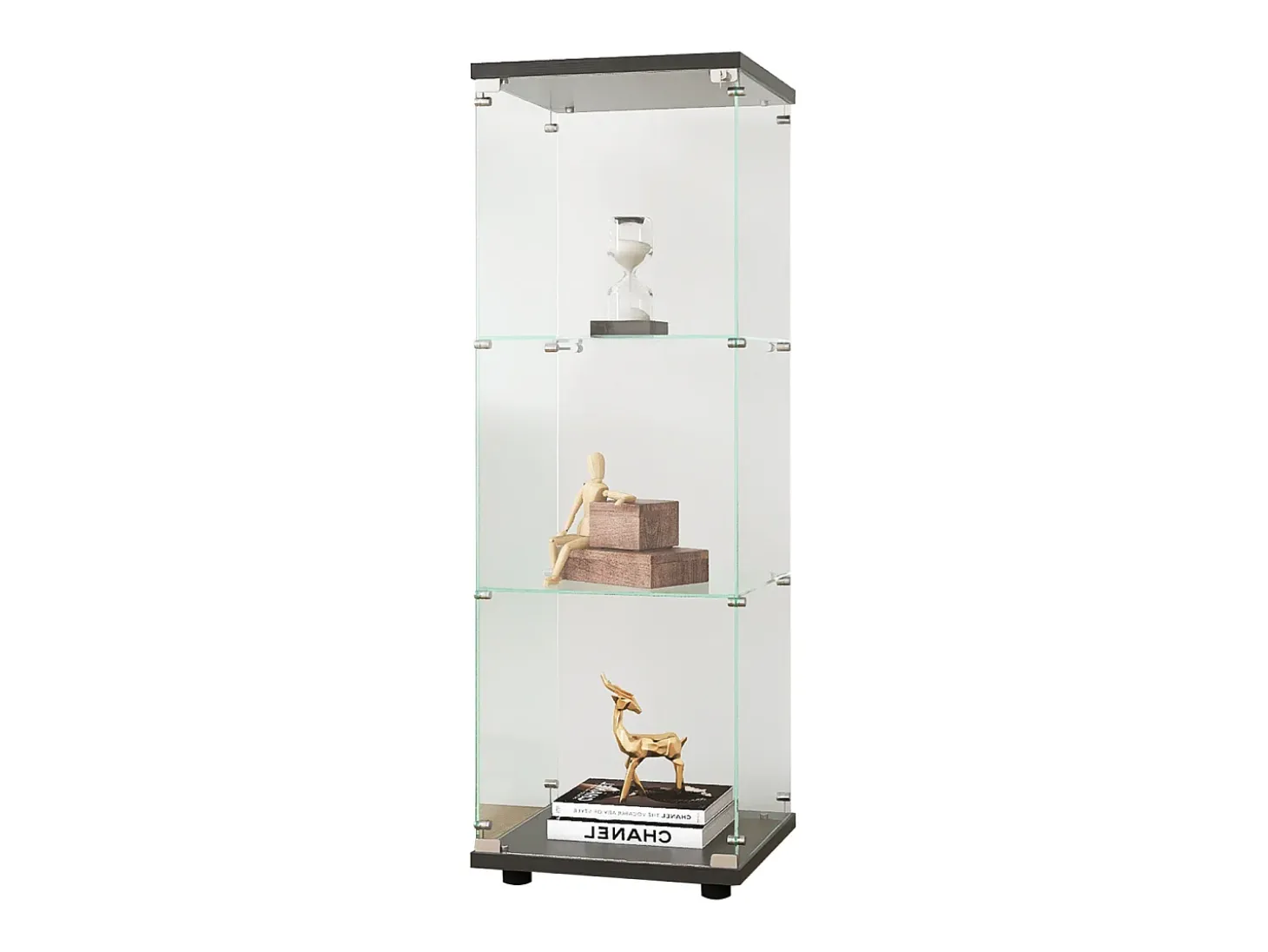 Vitrina de cristal con 3 estantes, 127 x 45 x 14 cm, vitrina de pie, vitrina para salón, color negro