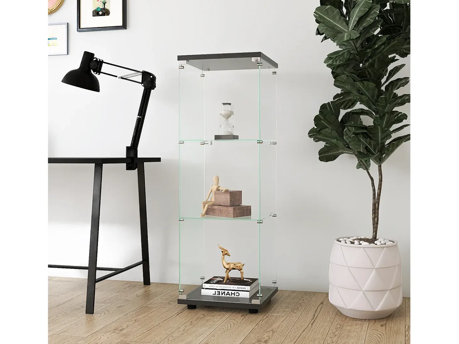 Vitrina de cristal con 3 estantes, 127 x 45 x 14 cm, vitrina de pie, vitrina para salón, color negro