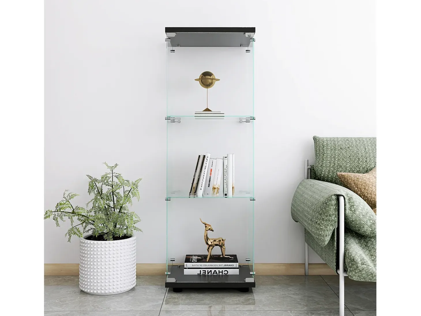 Vitrina de cristal con 3 estantes, 127 x 45 x 14 cm, vitrina de pie, vitrina para salón, color negro